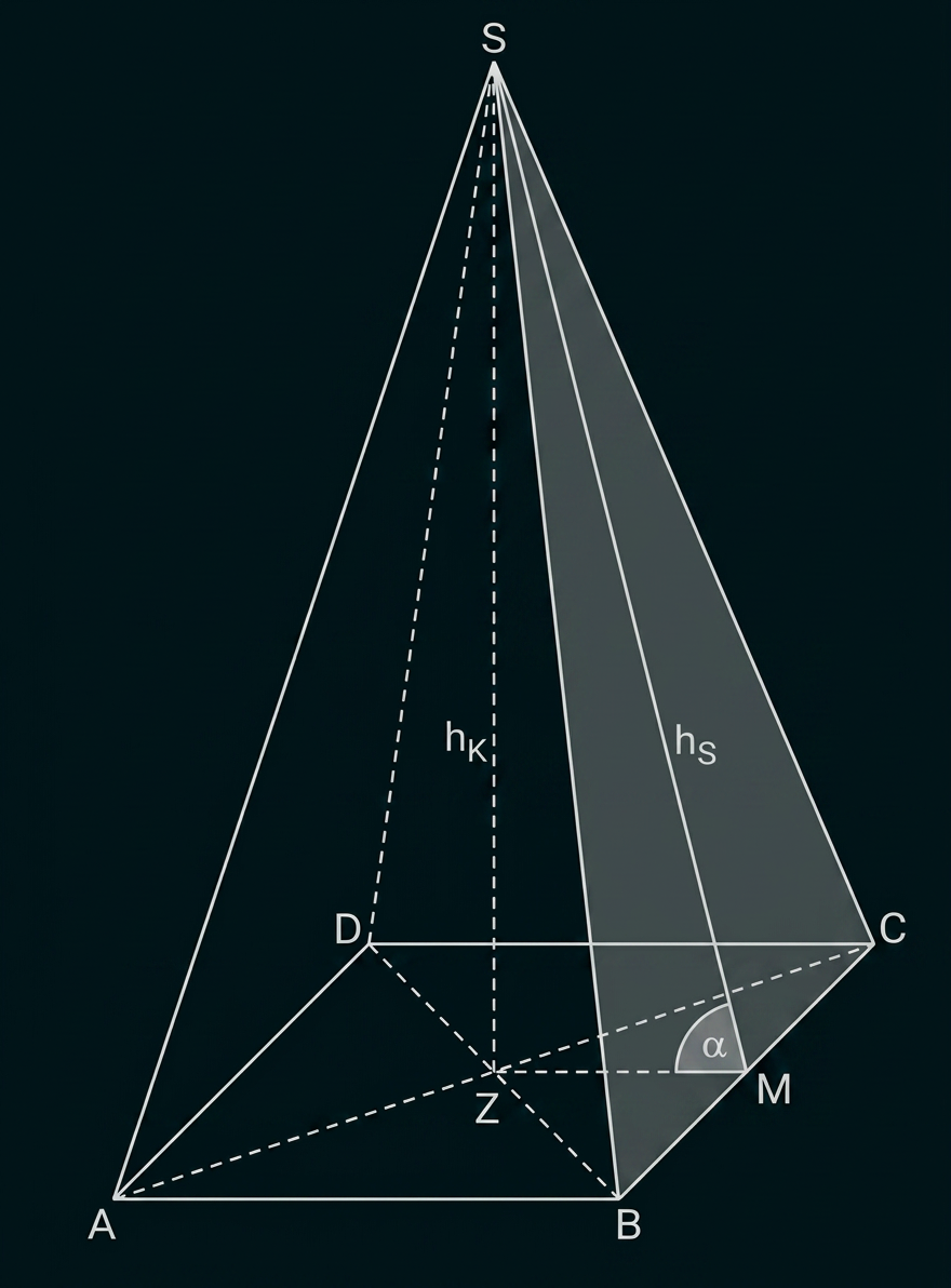 Pyramide SABC mit eingezeichneten Höhen hₖ und hₛ sowie dem Winkel α an der Seitenfläche.